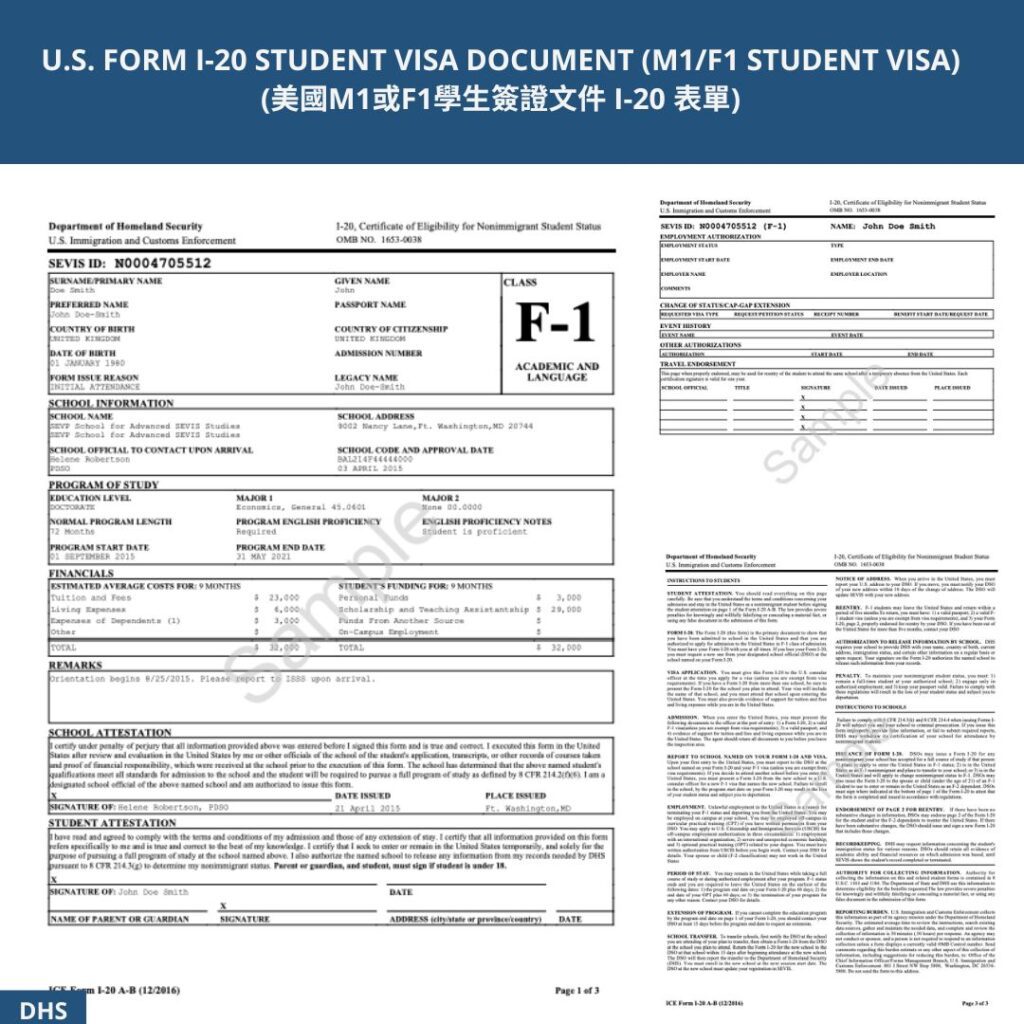 U.S. FORM I-20 STUDENT VISA DOCUMENT (M1/F1 STUDENT VISA) (美國M1或F1學生簽證文件 I-20 表單) A Checklist of Things that an International Student Should Prepare Before Coming to the U.S. 13