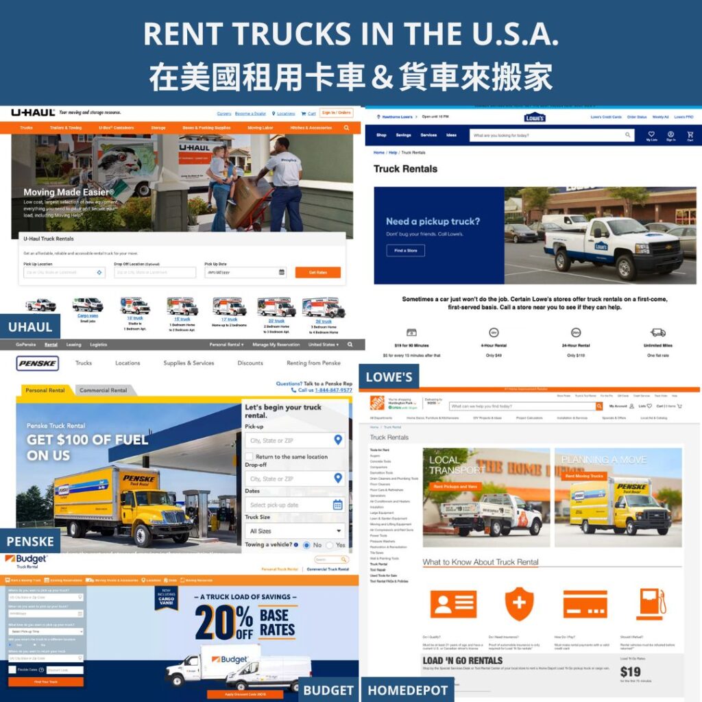 RENT TRUCKS IN THE U.S.A. 在美國租用卡車＆貨車來搬家