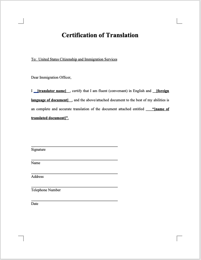 USCIS Certification of Translation